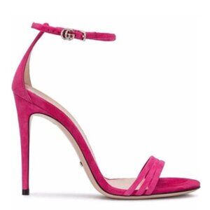 Gucci Suede Leather Crystal Logo Embellishments Sandals Heels Pink Sz 36.5 / 6.5